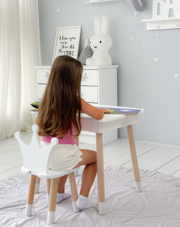 Table et chaise pour enfants. Table avec rangement pour crayons et livres de coloriage - couleur blanche