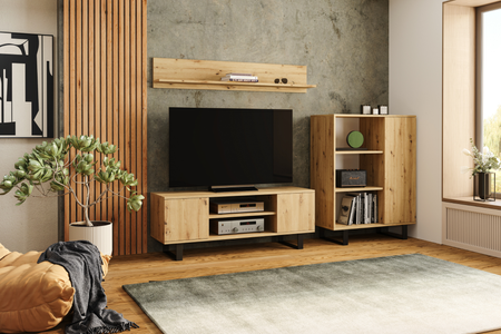 Meuble TV FOCUS 135 cm style loft, pieds en métal - Chêne Artisan