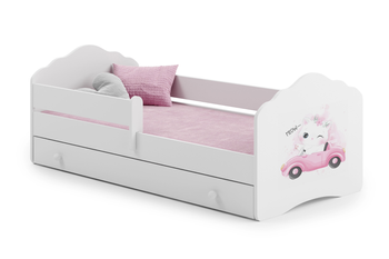 Lit enfant FALA 70x140 avec barrière, tiroir et graphisme - Chat