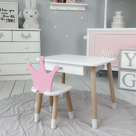 Table enfant avec tiroir et chaise Crown - couleur blanc et rose