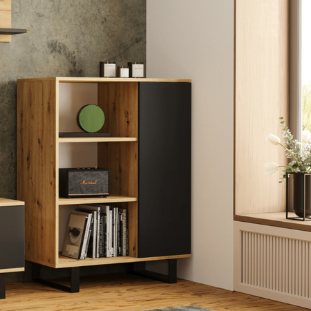 Commode FONDI avec armoire et étagère style loft, pieds en métal - Chêne Artisan / Noir