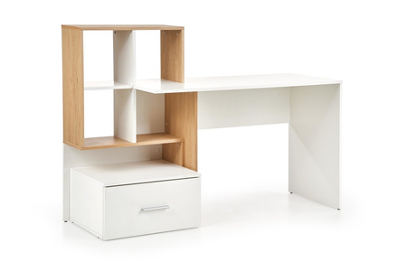 Bureau informatique GRAS avec bibliothèque et tiroir - Blanc / Chêne doré