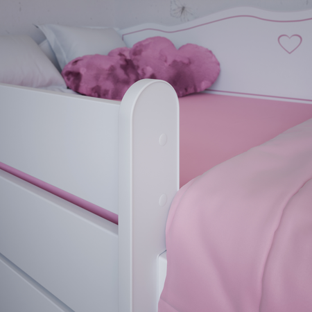 Lit pour enfant EMMA 70x140 avec barrière et tiroir - Blanc / Rose