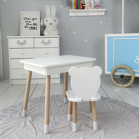 Table et chaise pour enfants en forme de nounours. Table avec rangement pour crayons et livres de coloriage - blanc