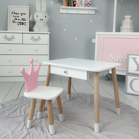 Table enfant avec tiroir et chaise Crown - couleur blanc et rose
