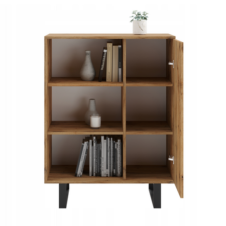 Commode FONDI avec armoire et étagère style loft, pieds en métal, motif chevrons - Chêne Craft