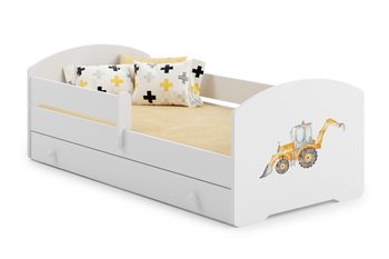 Lit enfant LUK 70x140 avec barrière, tiroir et graphique - Pelleteuse