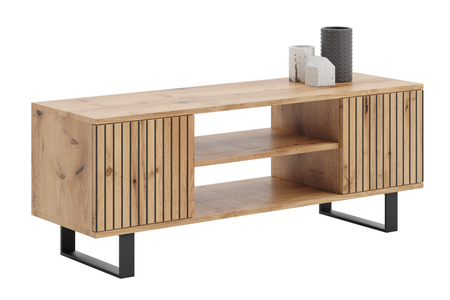 Meuble TV FOCUS 155 cm style loft, pieds en métal, motif lames – Chêne Craft