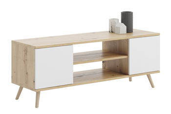 Meuble TV FOCUS 135 cm scandinave, pieds en bois - Chêne Artisan / Blanc