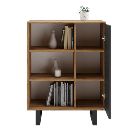 Commode FONDI avec armoire et étagère style loft, pieds en métal - Chêne Craft / Noir