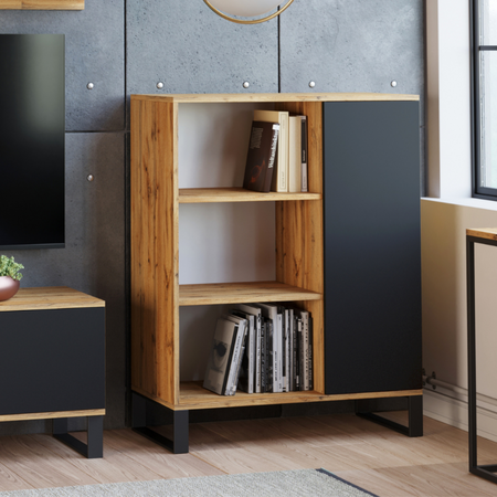 Commode FONDI avec armoire et étagère style loft, pieds en métal - Chêne Craft / Noir