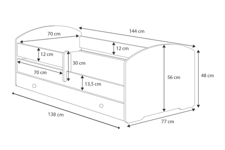Lit simple LUK 70x140 avec barrière et tiroir - Blanc