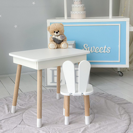 Table et chaise d'enfant en lapin. Table avec rangement pour crayons et livres de coloriage - couleur blanche