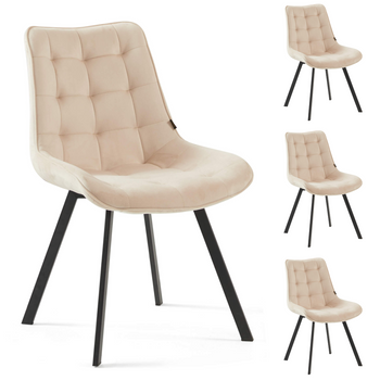 Ensemble de 4 chaises ROXY tapissées en velours matelassé - couleur Crème, pieds Noirs