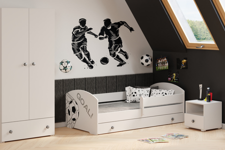 Armoire STELLA GOAL deux portes avec tiroir, étagères, tringles, poignées ballon de football - Blanc