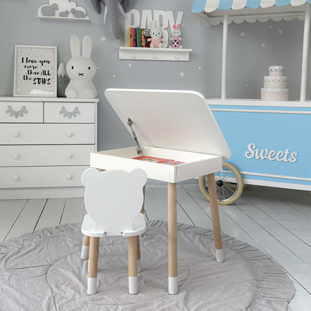 Table et chaise pour enfants en forme de nounours. Table avec rangement pour crayons et livres de coloriage - blanc