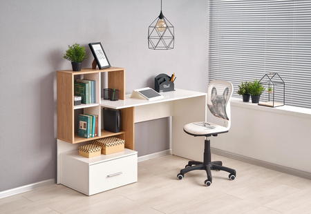 Bureau informatique GRAS avec bibliothèque et tiroir - Blanc / Chêne doré