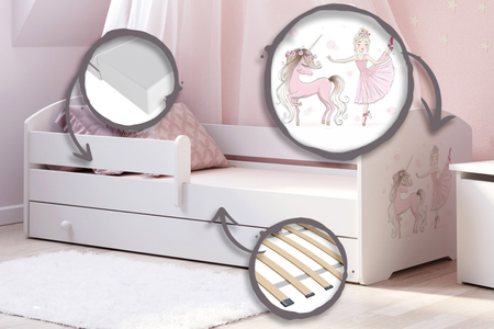 Lit enfant LUK 70x140 avec barrière, tiroir et graphique - Fillette avec une licorne