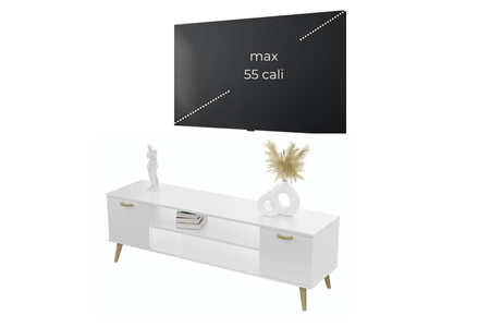 Meuble TV FOCUS 135 cm, style scandinave, pieds en bois - Blanc