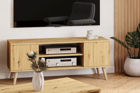 Meuble TV FOCUS 135 cm scandinave, pieds en bois - Chêne Artisan