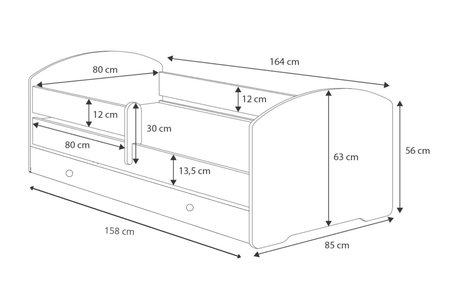 Lit simple LUK 80x160 avec barrière et tiroir - Blanc