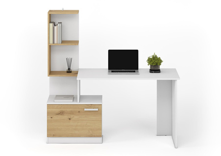 MIRO bureau d'ordinateur avec bibliothèque et armoire - Blanc / Chêne Artisan
