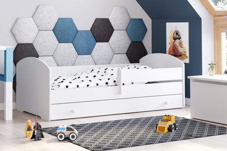 Lit enfant LUK 70x140 avec barrière, tiroir et matelas - Blanc