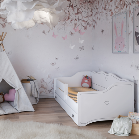 Lit pour enfant EMMA 80x180 avec barrière et tiroir - Blanc / Gris