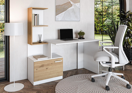 MIRO bureau d'ordinateur avec bibliothèque et armoire - Blanc / Chêne Artisan
