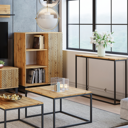 Commode FONDI avec armoire et étagère style loft, pieds en métal, motif chevrons - Chêne Craft