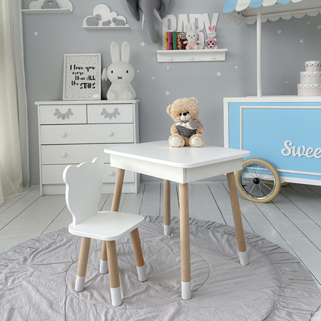 Table et chaise pour enfants en forme de nounours. Table avec rangement pour crayons et livres de coloriage - blanc