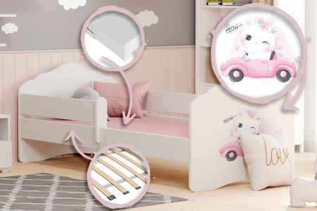 Lit enfant FALA 80x160 avec barrière et graphisme - Chat