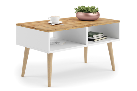 Table basse SANDI de style scandinave avec pieds en bois - Blanc / Chêne Craft
