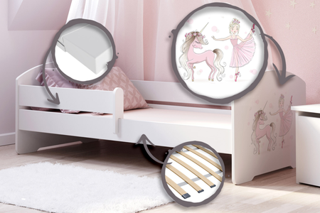 Lit enfant LUK 80x160 avec barrière graphique - Fillette avec une licorne