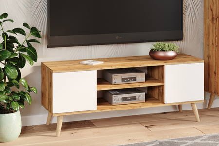 Meuble TV FOCUS 155 cm scandinave, pieds en bois - Chêne Craft / Blanc