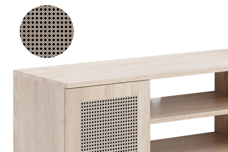 Meuble TV FOCUS 155 cm style scandinave, pieds en bois, motif rotin – Chêne Sonoma