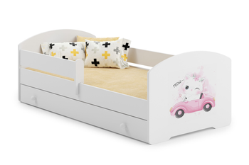 Lit enfant LUK 70x140 avec barrière, tiroir et graphique - Chat