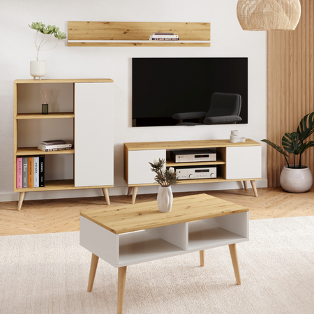 Commode FONDI armoire avec étagère, style scandinave, pieds en bois - Chêne Artisanal / Blanc