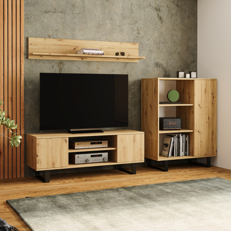 Commode FONDI avec armoire et étagère style loft, pieds en métal - Chêne Artisan