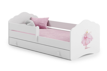 Lit enfant FALA 80x160 avec barrière, tiroir et graphisme - Ballerine couronnée