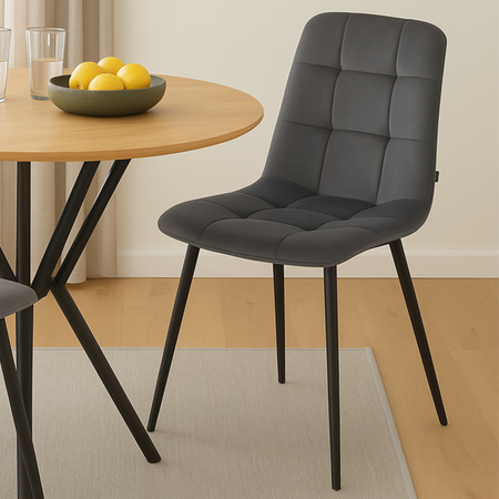 Chaise NEL capitonnée en velours matelassé - couleur Grise, pieds Noirs