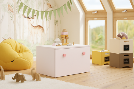 Coffre à jouets INGA - Blanc, poignées roses en forme de cœur