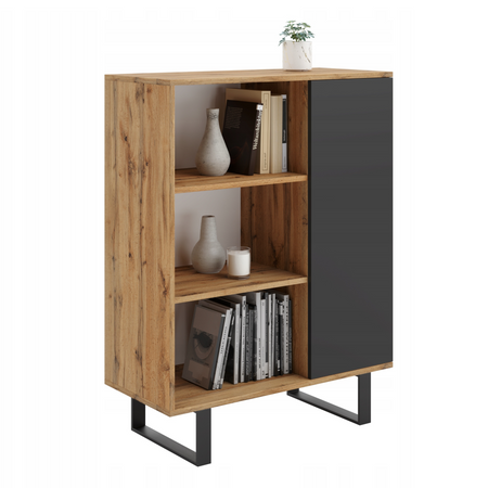 Commode FONDI avec armoire et étagère style loft, pieds en métal - Chêne Craft / Noir