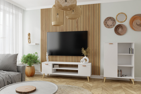 Meuble TV FOCUS 155 cm, style scandinave, pieds en bois - Blanc