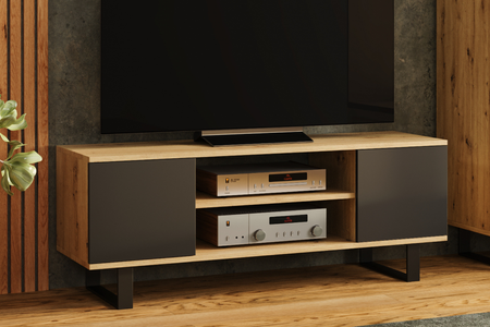 Meuble TV FOCUS 155 cm style loft, pieds en métal - Chêne Artisan / Noir