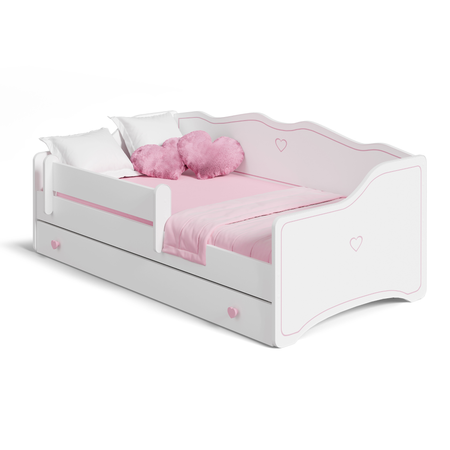 Lit pour enfant EMMA 80x180 avec barrière et tiroir - Blanc / Rose