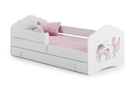 Lit enfant FALA 80x160 avec barrière, tiroir et graphisme - Fillette avec une licorne