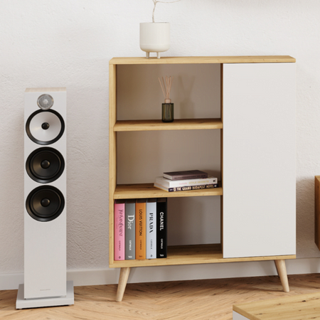 Commode FONDI armoire avec étagère, style scandinave, pieds en bois - Chêne Artisanal / Blanc