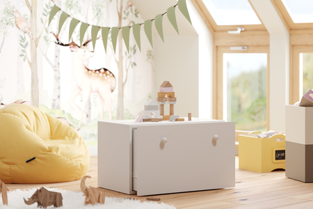Coffre à jouets INGA - Blanc, poignées blanches