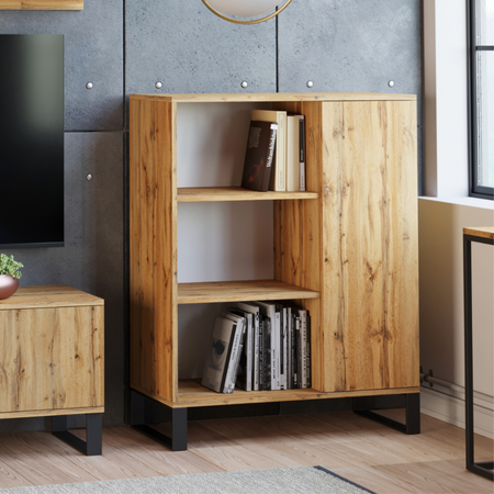 Commode FONDI avec armoire et étagère style loft, pieds en métal - Chêne Craft